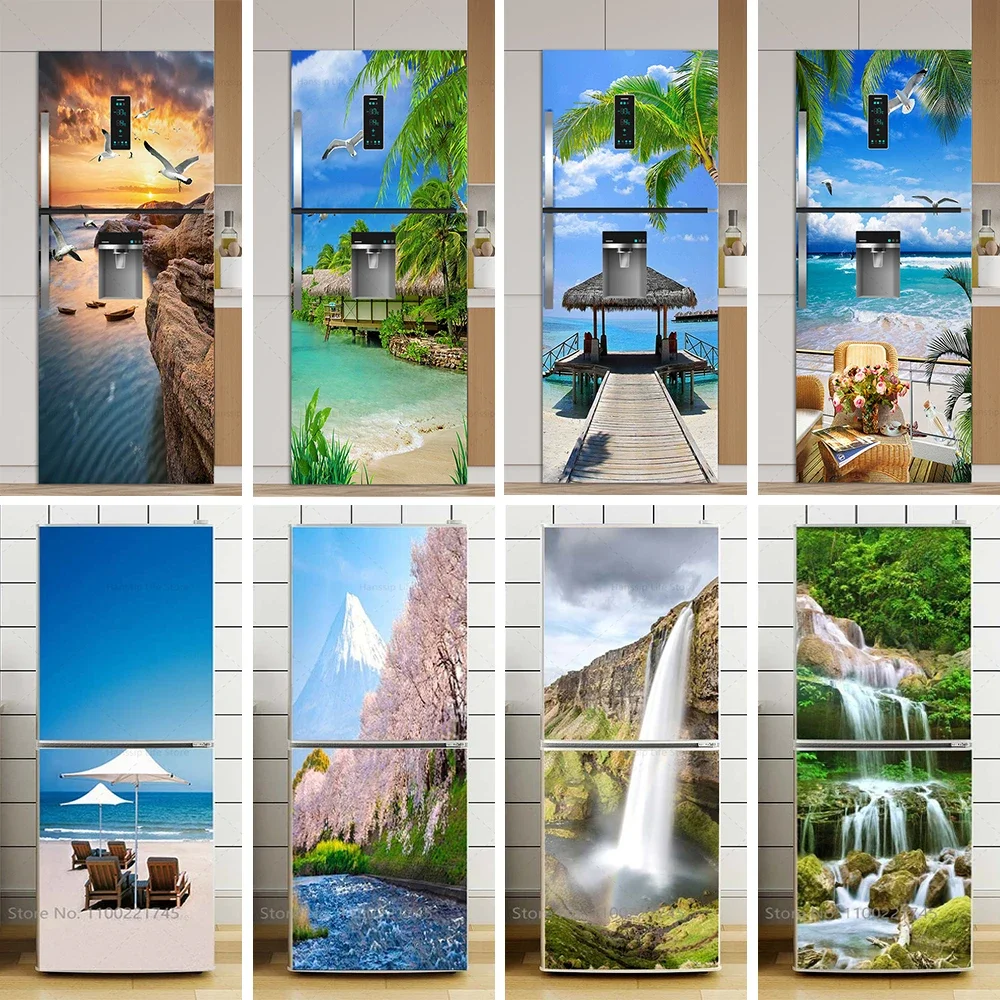 

Sea View 3D Fridge Door Mural Stickers Peel and Stick Vinyl PVC Waterproof Mural Wallpaper for Refrigerator Door Cover Decals