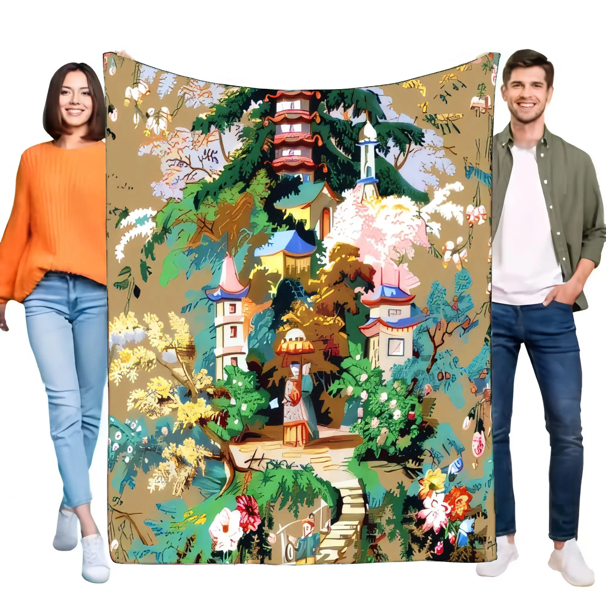 Vintage Oriental Garden Blanket Soft Cozy Bed Sofa Throw Lightweight for Home Decor and Gift