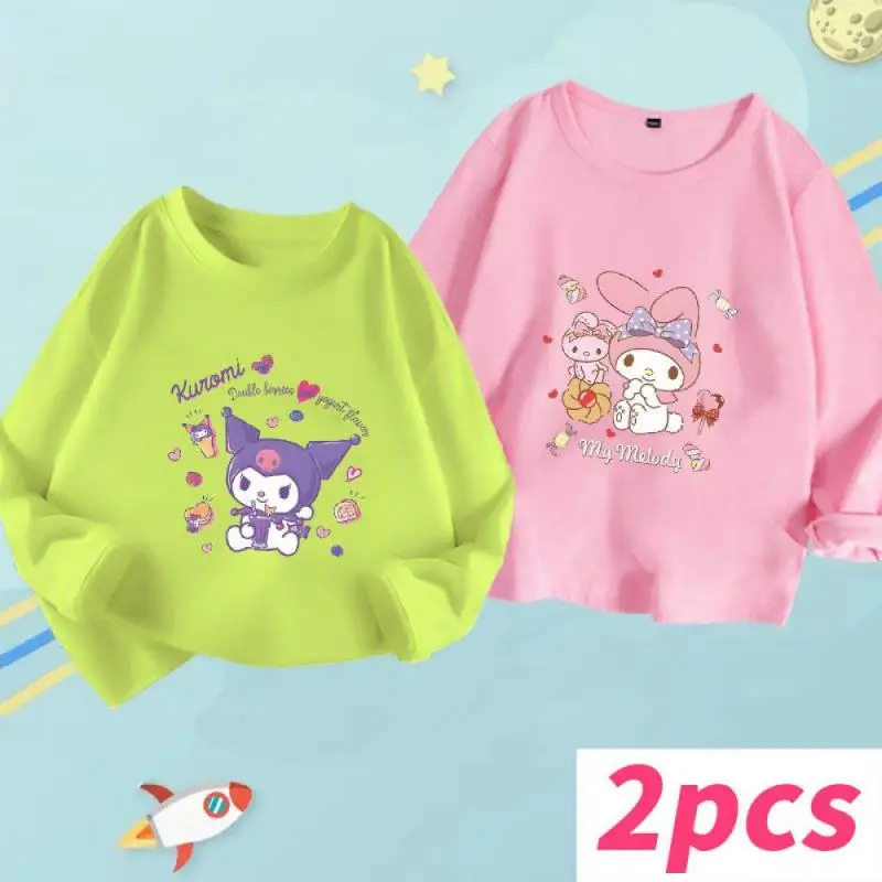 2 Pieces/set Sanrioed Kuromi Girls Long Sleeve Kawaii Cotton T-Shirt Cartoon Anime Spring Autumn Children's Clothing Kids Tops