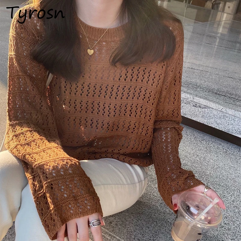 Hollow Out Knitted Pullovers Women Thin Slim Breathable Ripped Holes Solid Sweet Loose All-match Daily Sunproof Summer Trendy