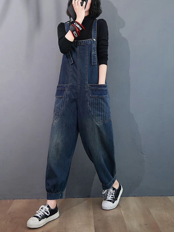 

Women's Loose Fit Denim Overalls High Waist Wide Leg Jeans Striped Patchwork Autumn Faion plus Size Slimming Trousers