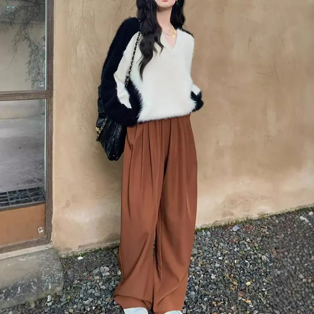 

Женский пуловер с v-образным вырезом и цветными блоками в виде панды, свитер, свободный топ в корейском стиле, осеннее модное пальто в ленивом стиле