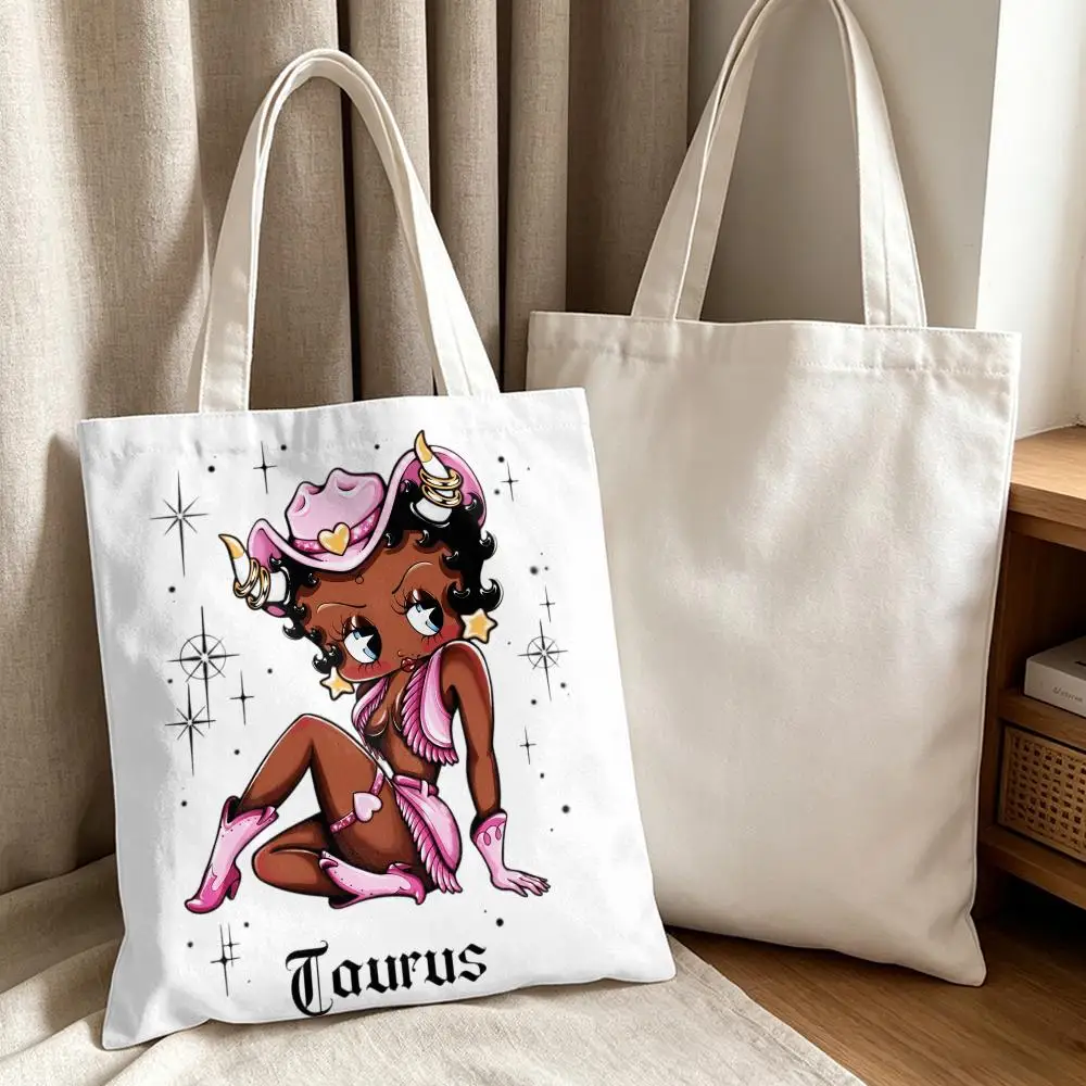 The 12 Zodiac Signs B-betty B-boop Storage Bags Canvas Tote Bag Women Large Capacity Reusable Eco Shopping Bag Shoulder Handbag