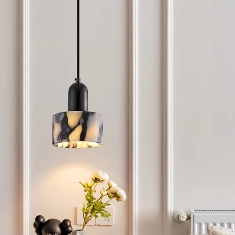 Natural Marble Drum Pendant Light Modern Italian Luxury Matte Black Cylinder Hanging Lamp For Bedroom Dining Room Kitchen Bar
