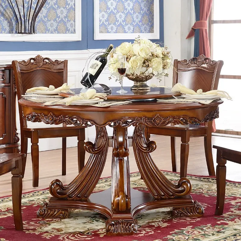 American solid wood antique round table carved diningtable high-end household dinintable villa diningtabl chairs vasetable