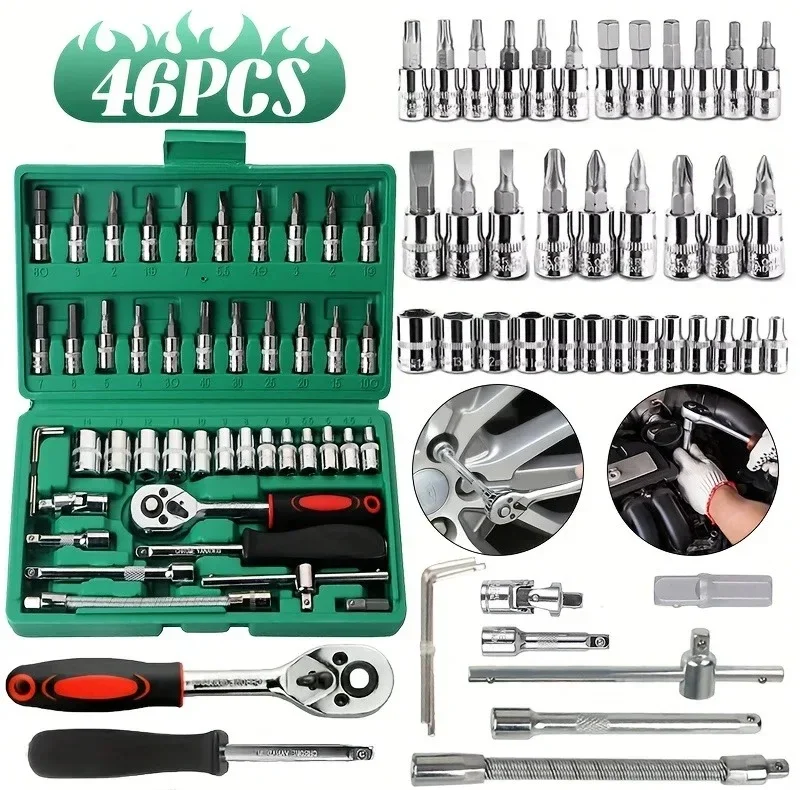 46Pcs Auto Repair Tool Box Combination Ratchet Wrench Set Portable Vehicle-mounted Socket Kit ForCar DailyMaintenance And Repair