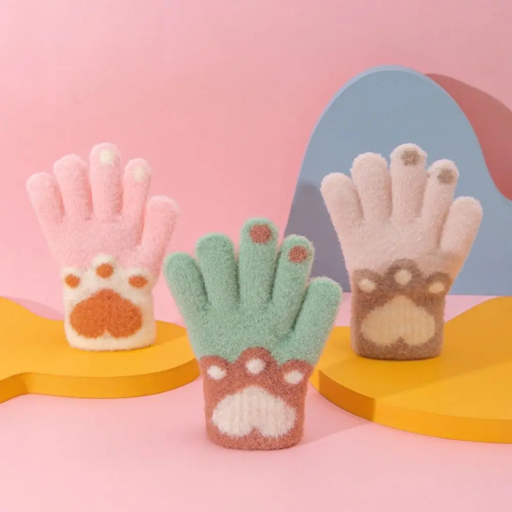 Cute Thicken Plush Winter Kids Gloves Cat Paw Furry Full Finger Mittens Slush Gloves Kids