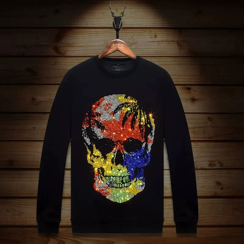 

2024 Rhinestones Skulls Men Hoodie Sweatshirts Fashion Streetwear Full Pullover Hoodie Slim O Neck Cotton Mens Autumn Clothes