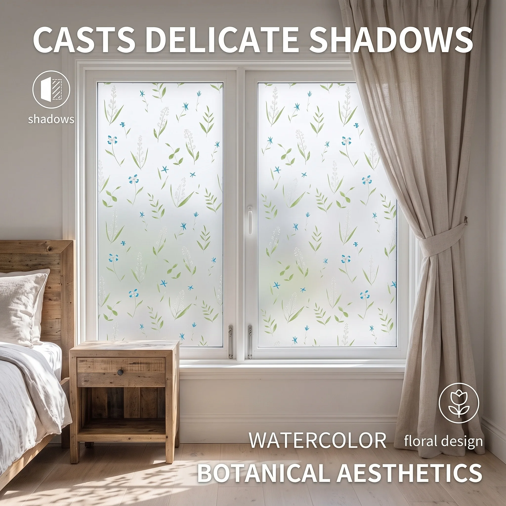 Self‑Adhesive Watercolor Floral Window Film Privacy Glass Sticker Reusable No Glue Residue Waterproof for Bathroom Bedroom Home