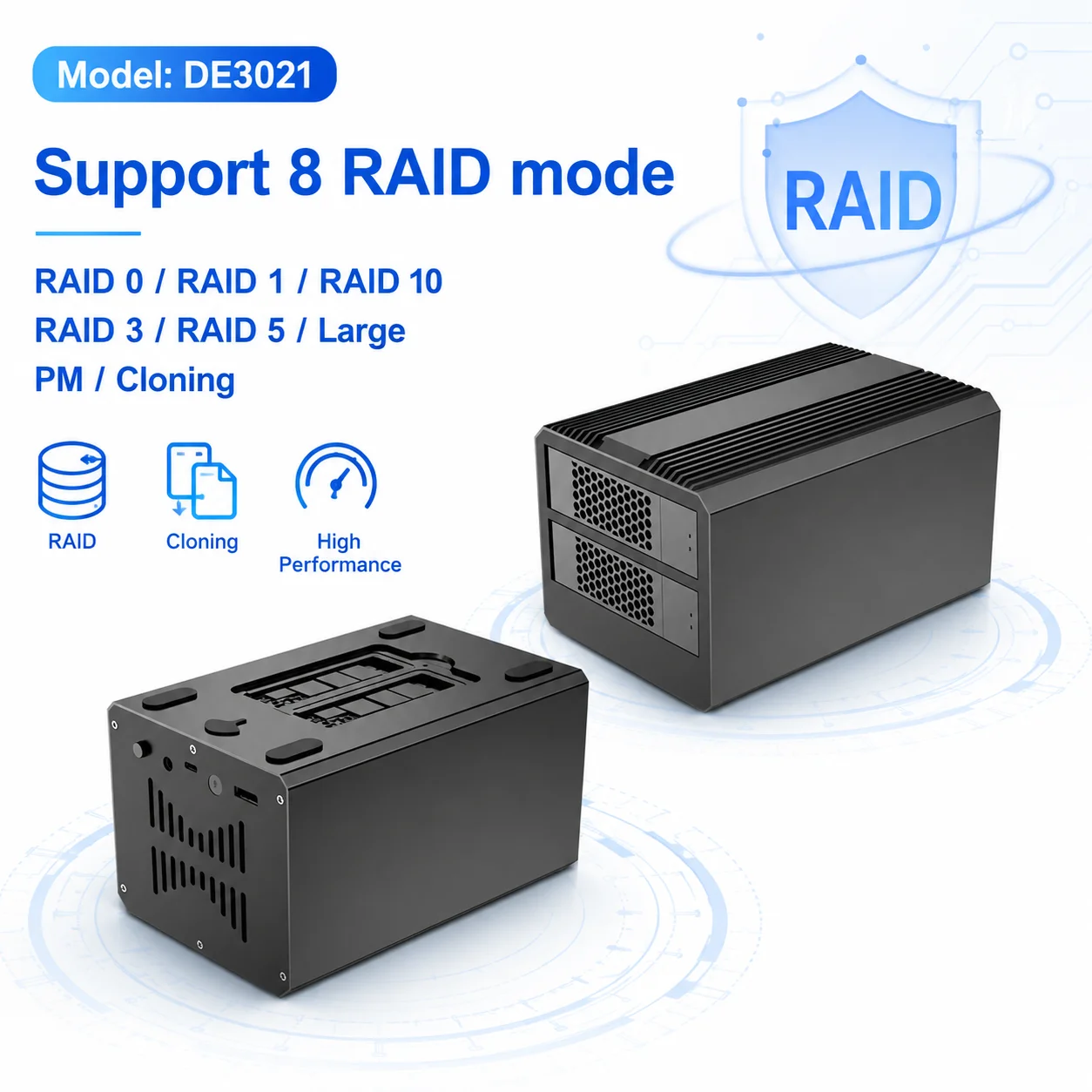 5-Bay RAID Enclosure (2xM.2 NVMe + 2xSATA) USB-C 5Gbps 8 RAID Modes (0/1/10/3/5/Large/PM/Cloning) Built-in Fan Aluminum Housing