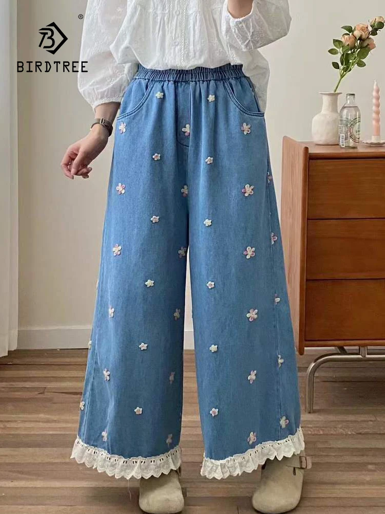 

New Summer Cotton Denim Trouser, Women Elastic Waist Floral Embroidery, Mori Girl Sweet Casual INS Loose Wide Leg Jeans B54842CC