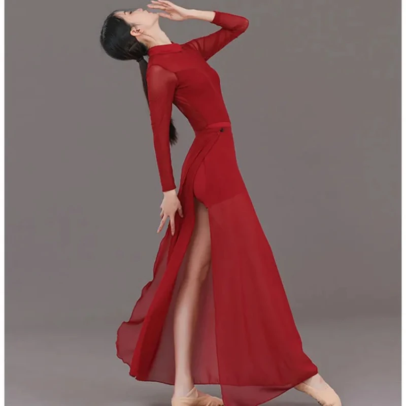 

Chinese Classical Fork Dance Ethnic Style Cheongsam Body High Waist Slit Modern Dance Practice Clothing Performance Costume