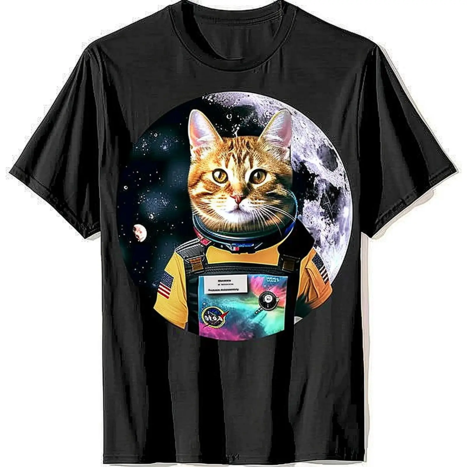 Ultra Realistic Cat Astronaut in Space Black T Shirt Design Moon Background