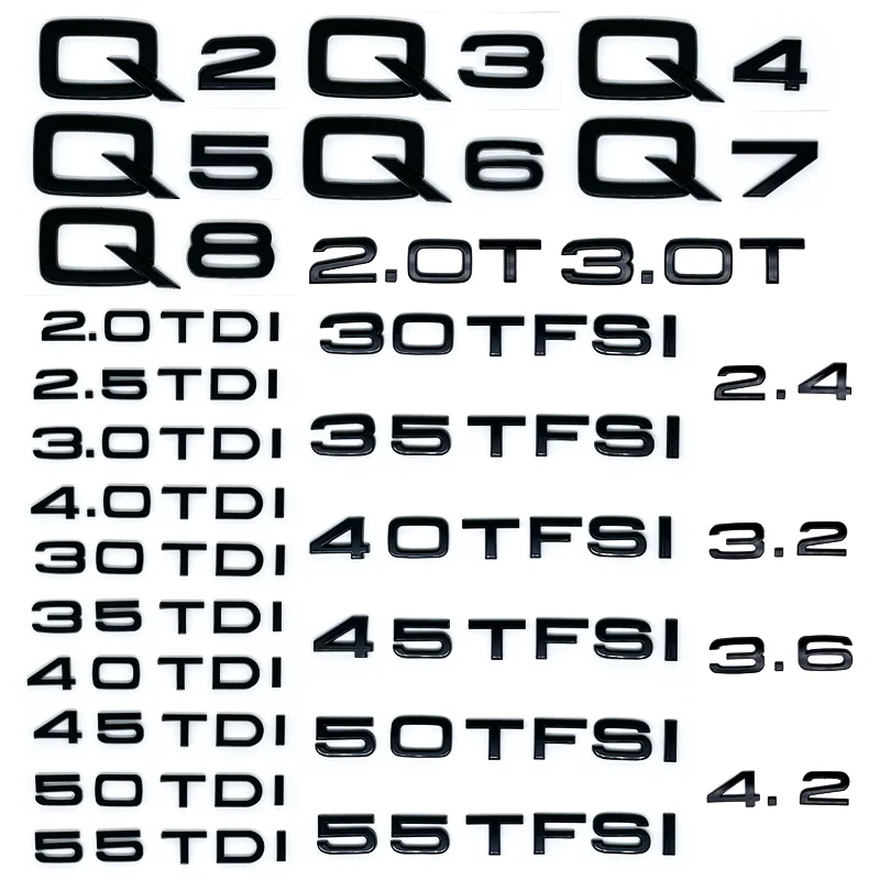 Glossy Black ABS Numbers Letters Q2 Q3 Q4 Q5 Q6 Q7 Q8 TDI TFSI 2.0T Emblem For Audi Q Series Car Fender Trunk Rear Logo Sticker