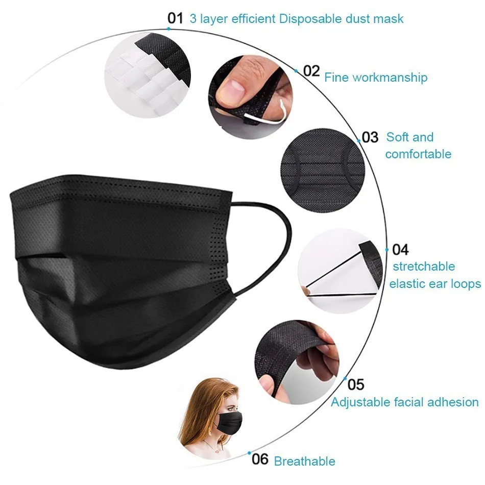 Black Mask Disposable pills box Face Mouth Mascarillas Protect 3 Layers Non-Woven Dustproof Mouth Mask Spain France