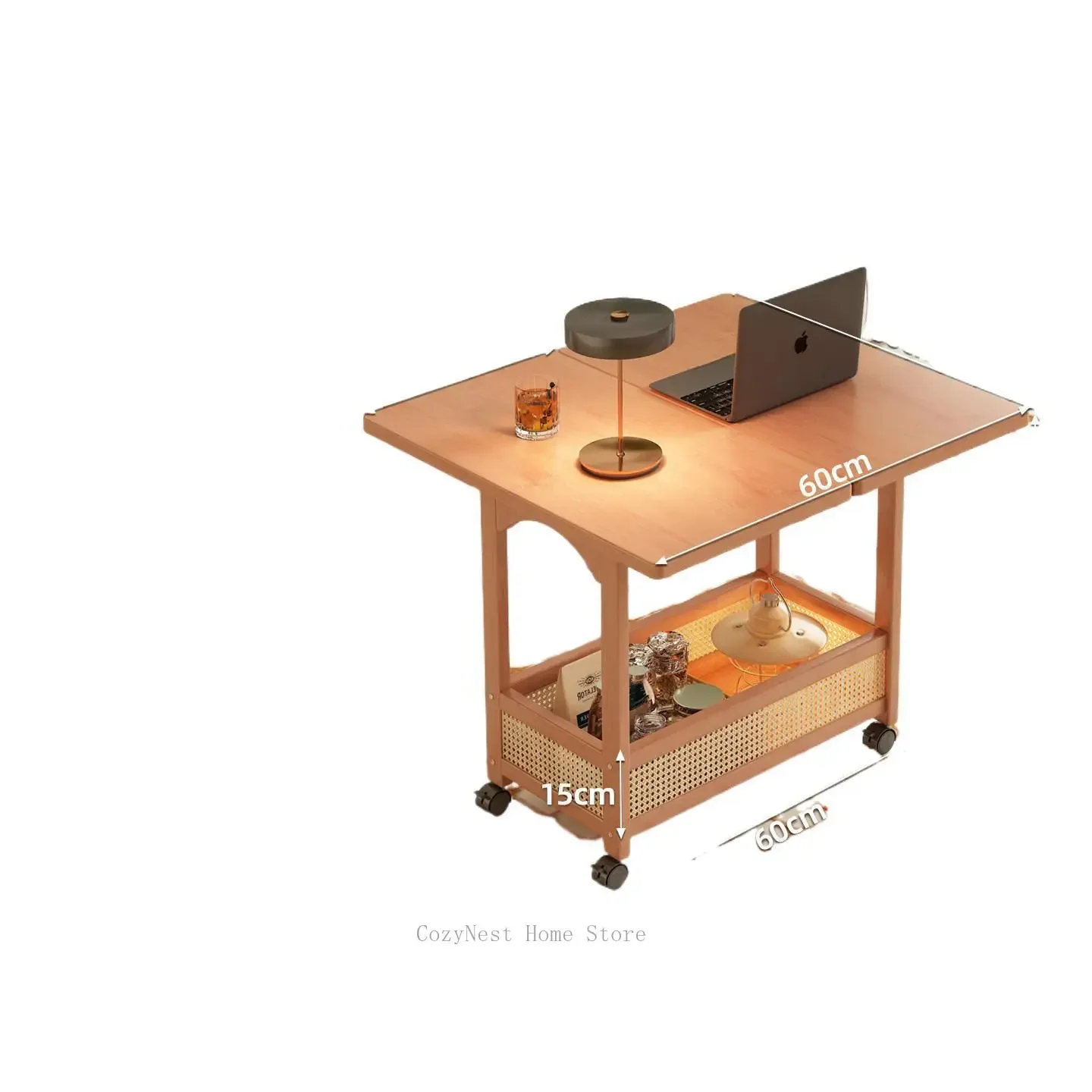 Solid Wood Rolling Side Table, Vintage Caster Cart for Sofa, Foldable Table for Small Living Room