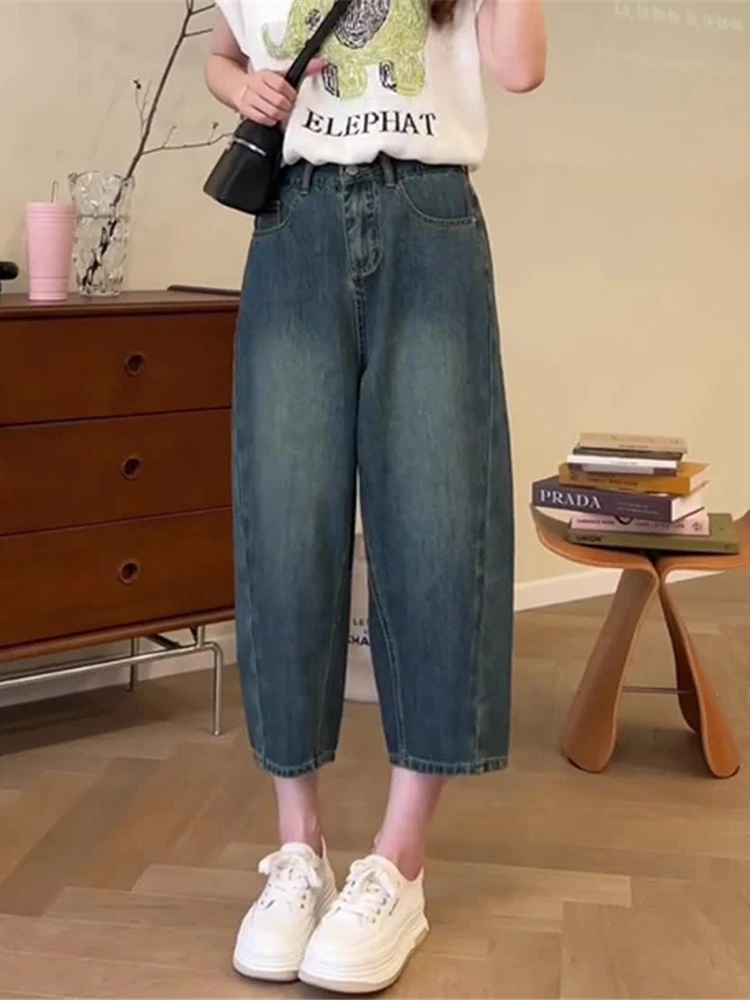 

Женские джинсовые брюки-бананы больших размеров с высокой талией, прямые джинсы для папы, утягивающие широкие брюки для тела с грушей