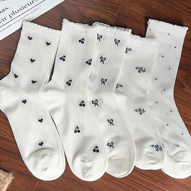10 Pairs Women Solid Color Mid Tube Socks Fashionable Butterfly Knot Print Spring Summer Thin Korean version Stacking Socks