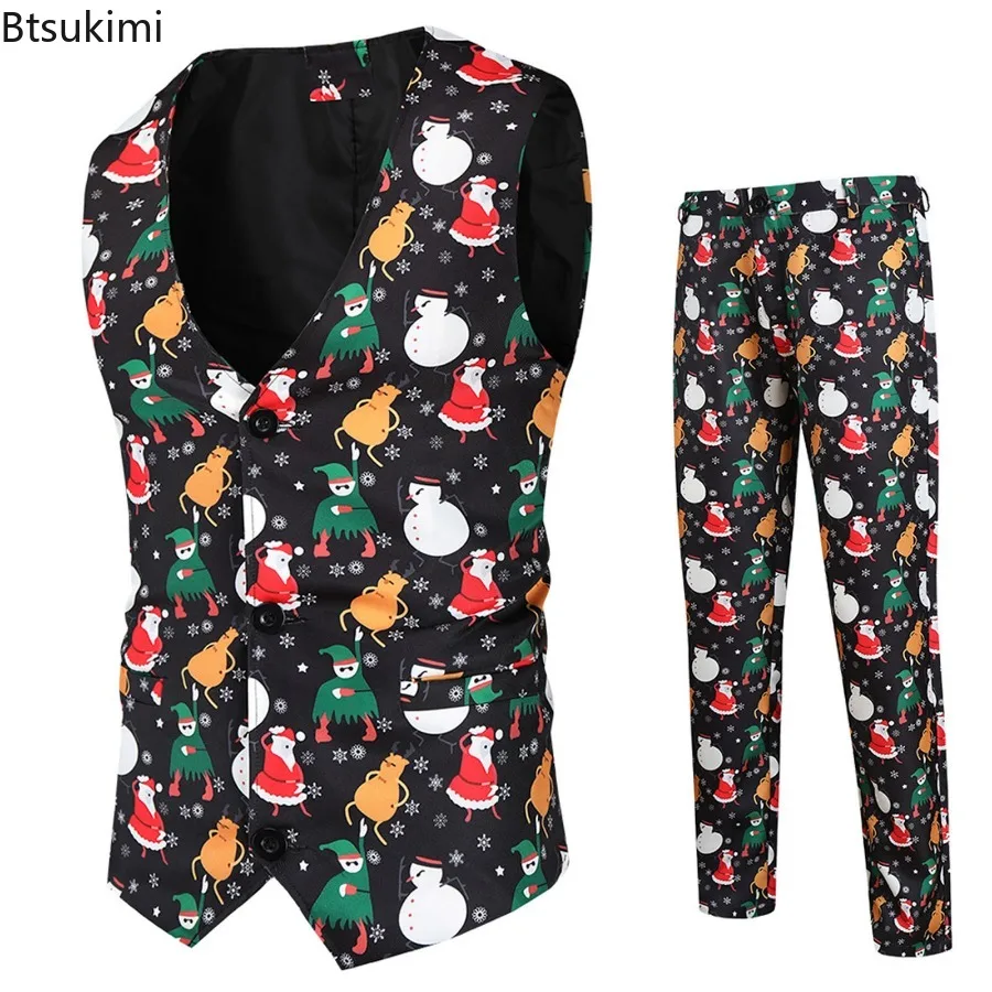 Plus Size 4XL Men's Christmas Two Piece Sets Fashion 3D Funny Print Men Casual Party Sets Single-breasted Vest Jacket and Pants