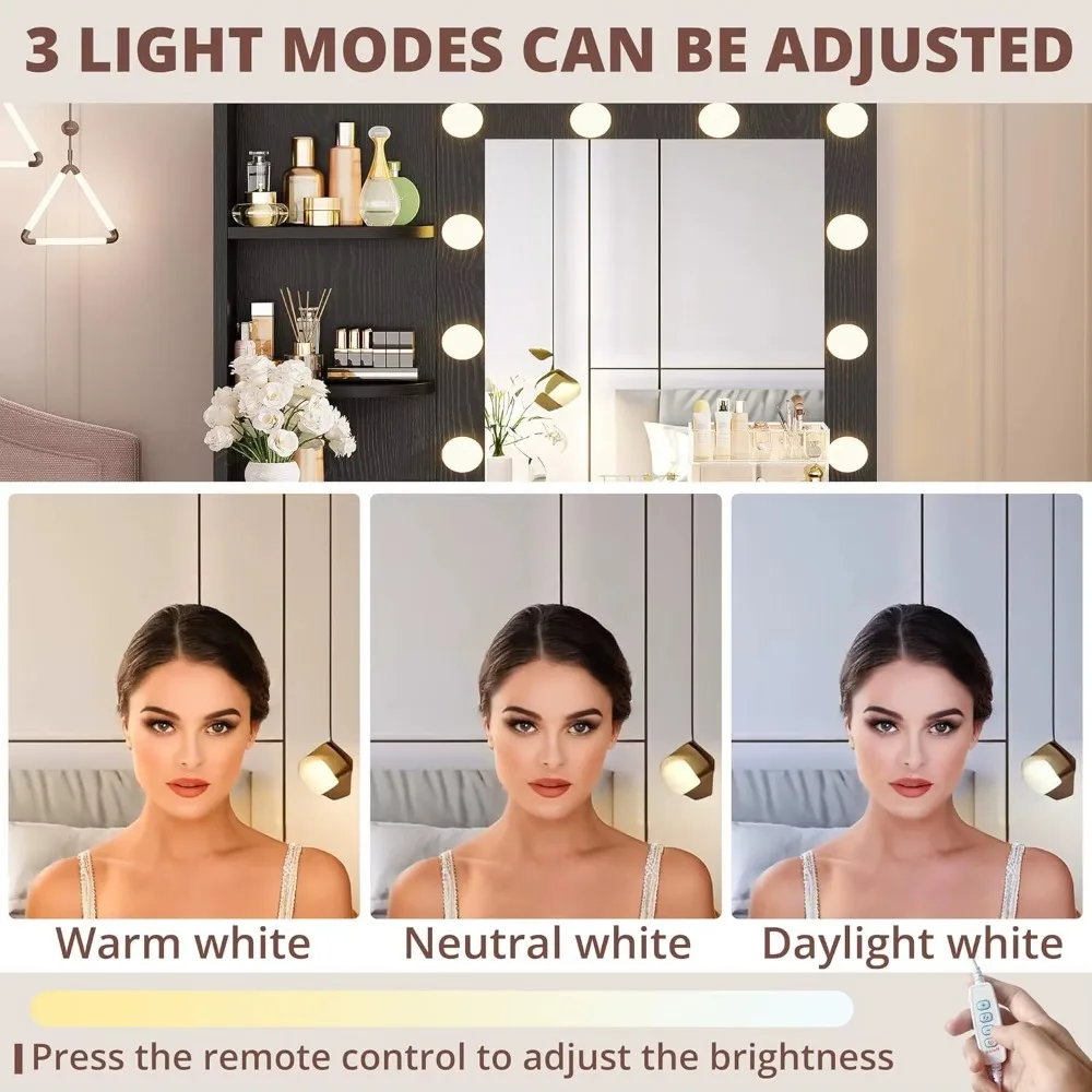 مكتب فانيتي مع مرآة وأضواء، طاولة مكياج صغيرة مع 5 أدراج، طاولة تزيين لغرفة نوم الفتيات والنساء #4