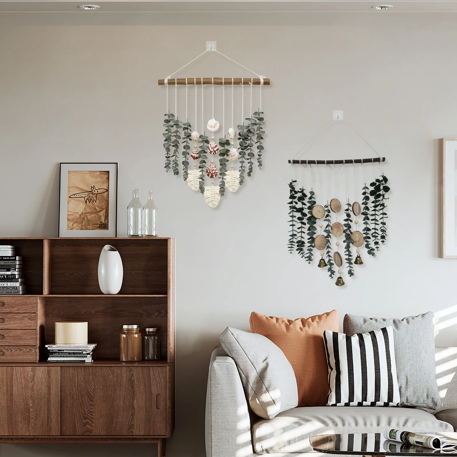 Bohemian Eucalyptus Wall Hanging Rustic Artificial Greenery Wall Decor with Shells / Bells Boho Macrame Wall Art for Home Room