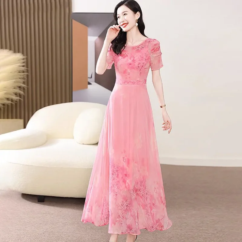 

2025 New Summer Chic Y2K Evening Dresses Women's Fashion Slim Printed High-End Light Luxury Medium Long Round Neck Chiffon Dress