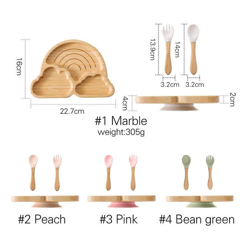 Baby Wooden Tableware Set Wooden Handle Fork Spoon Could Bamboo Wooden Plate Bowl Silicone Suction for Children Feeding Supplies