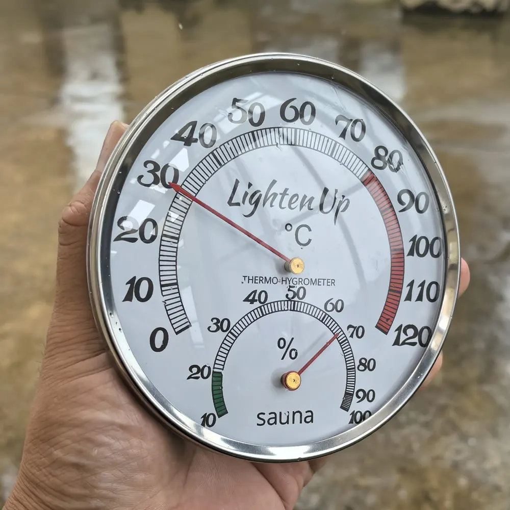 Mechanisches Thermometer-Hygrometer mit Metallgehäuse, keine Batterie erforderlich, Temperatur- und Feuchtigkeitsmesser für Innenräume, Badezimmer, Sauna & Dampfbad – Detail 7