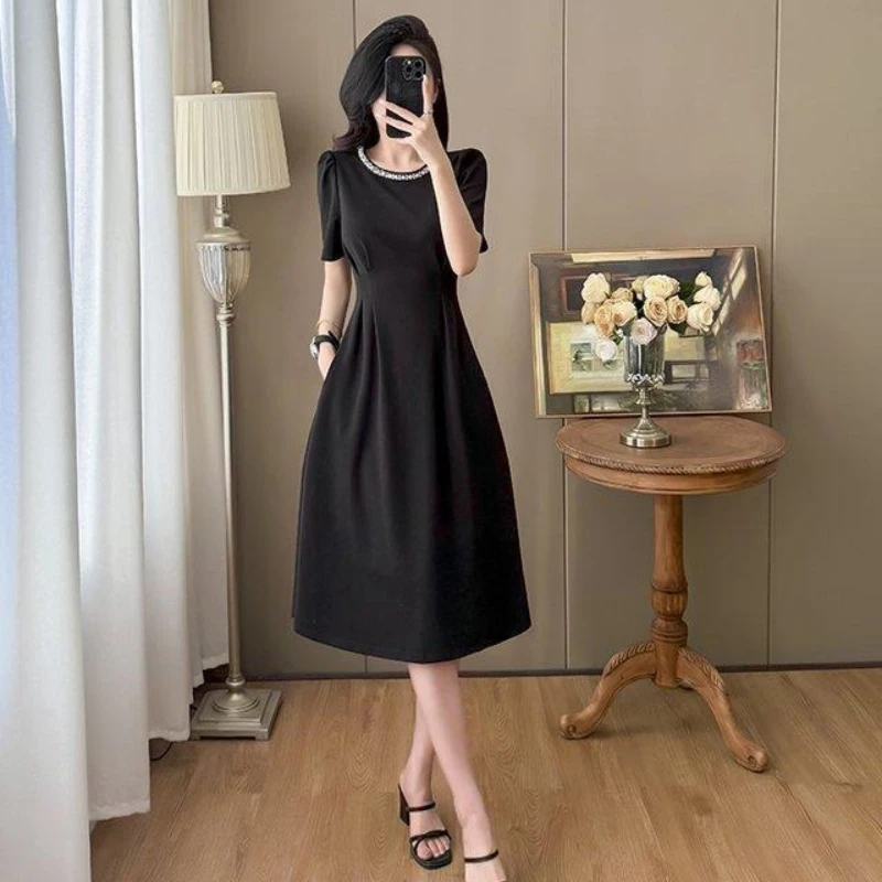 2026 Summer French Style Black Pearl Mini Dress Short Sleeve High Waist Slim Fit Elegant Party Evening Dress For Women