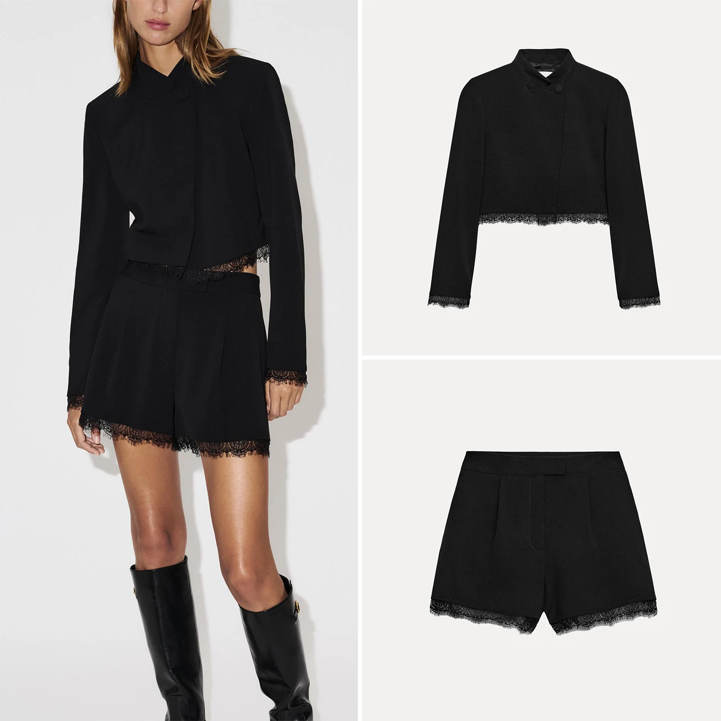 Women's Fashion Short Set High Waist Pleated Lace Long Sleeve Stand Collar Shoulder Pad Short Suit 2026 New Arrival