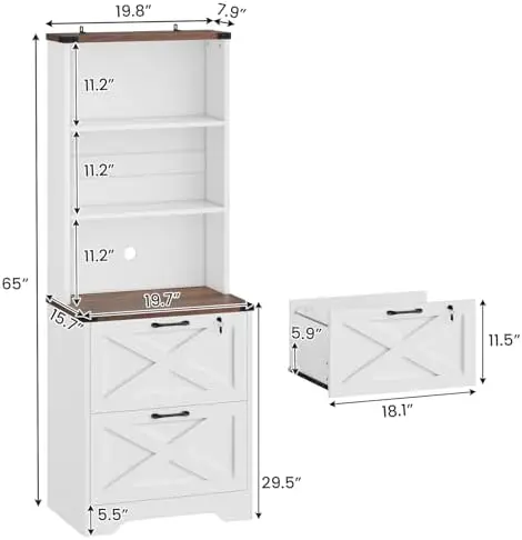 2 Drawer File Cabinet with Lock, Wood Filing Cabinet fits Letter, Legal, A4 Size, Hanging File Folders, Farmhouse File
