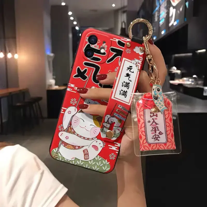 Luxury Embossed Lucky Cat Protection Case for iPhone 11 12 13 ProMax Mini XR XS Wristband Bracket Hanging Decoration Back Cover image 3