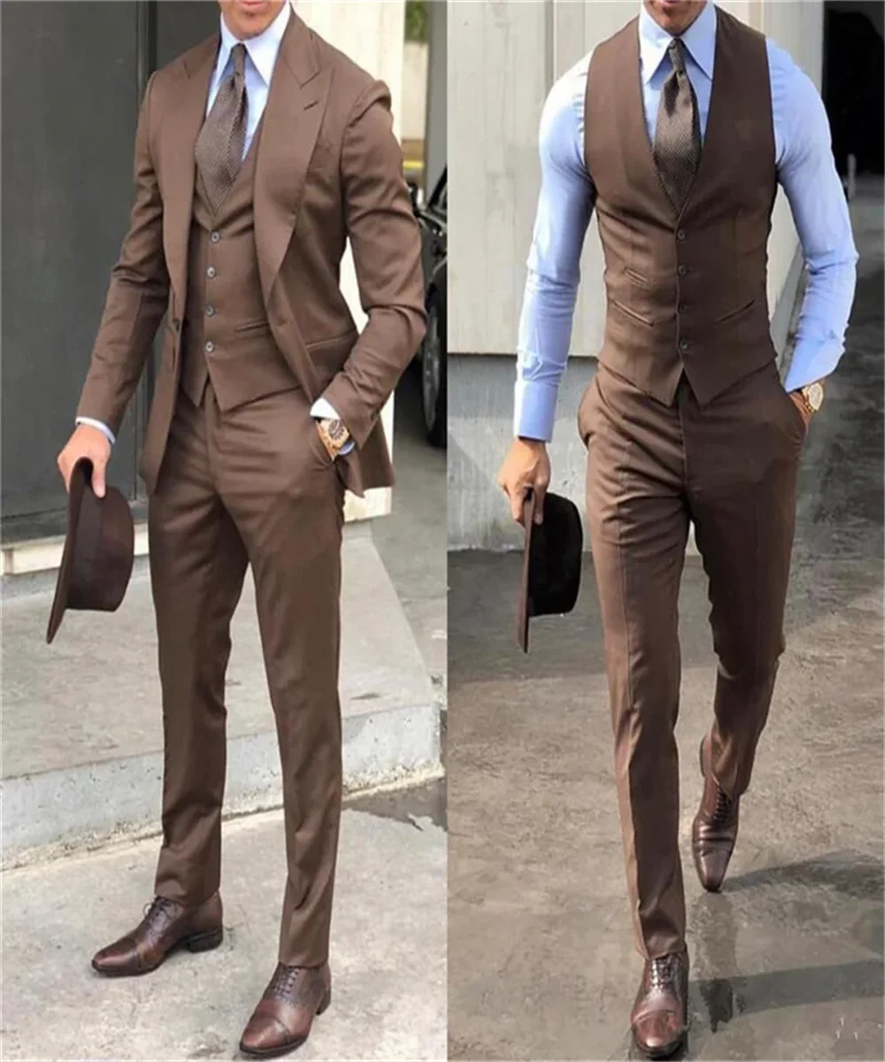 3-Piece Brown Men Suit Business Office Jacket Pants Vest Set Slim Fit Outfit Wedding Tuxedo for Male Custom Costume Homme