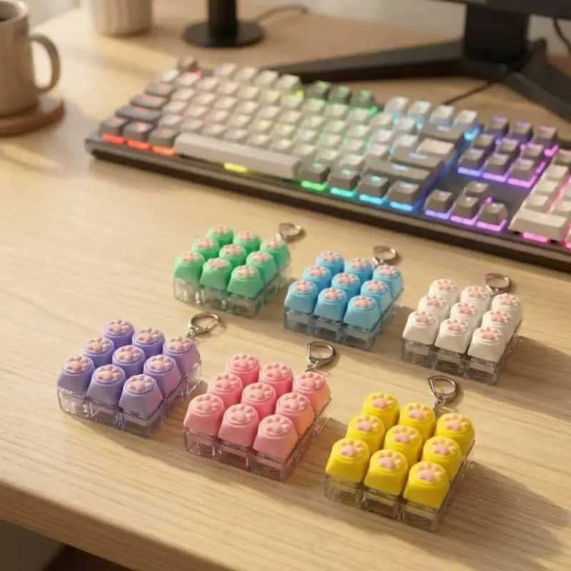 9 Keys Keyboard Key Toy Cat Paws Finger Button Stress Relief Toys Mechanical Keyboard Keycaps Keychain Office Decompression Calm