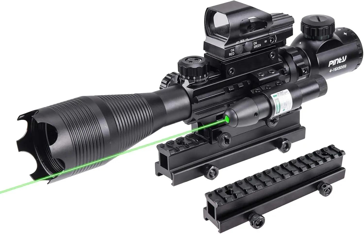 Rifle Scope Red Dot Laser Combo — 4in1 Gun Set with 4-16x50 Illuminated Hunting Scope, Green/Red Dot, Green Laser Sight, P