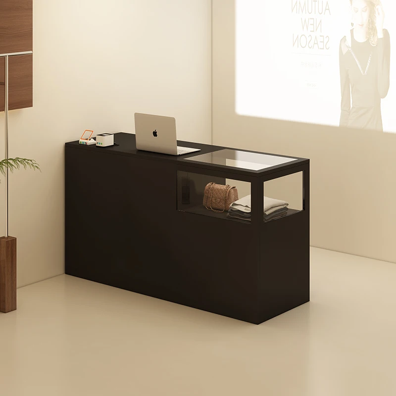 Clothing store cashier, antique women's clothing store, small bar table with glass jewelry counter, beauty salon front desk