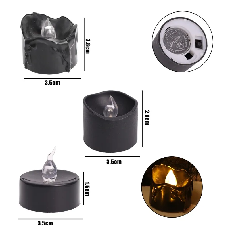 Flameless Black LED velas eletrônicas, operado a pilhas, luz amarela, Halloween, Natal, decoração de casamento, 12pcs