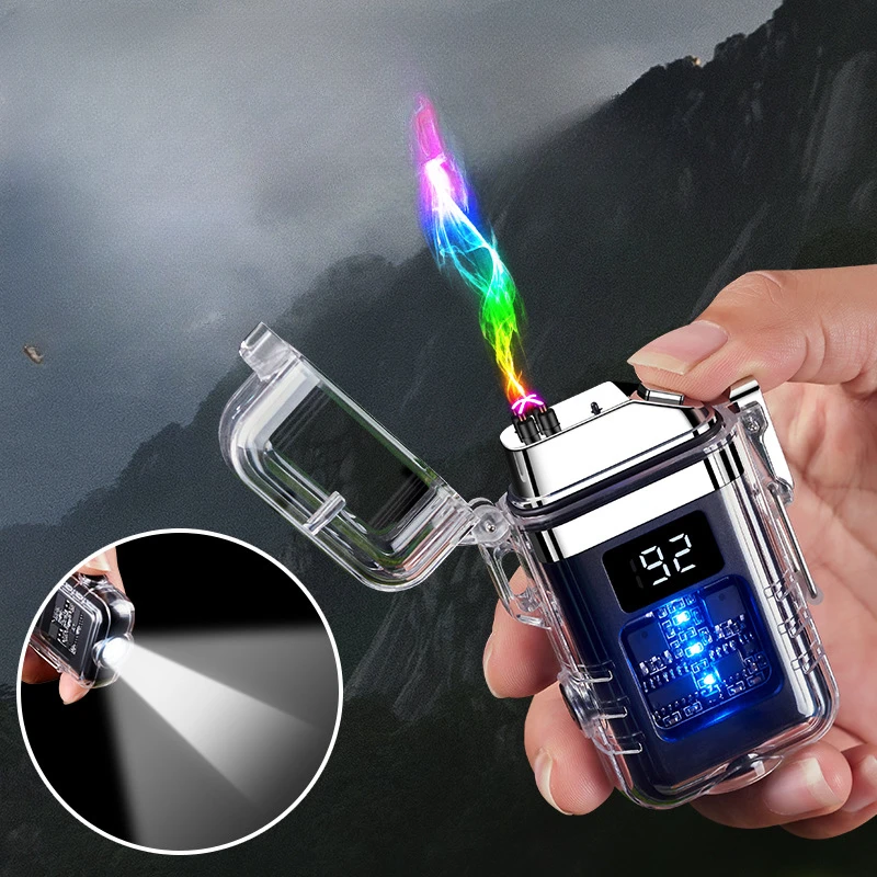 Electric Transparent Windproof Waterproof Double Arc Lighter, USB Rechargeable, Digital Display Power, Men\'s Gifts, Outdoor