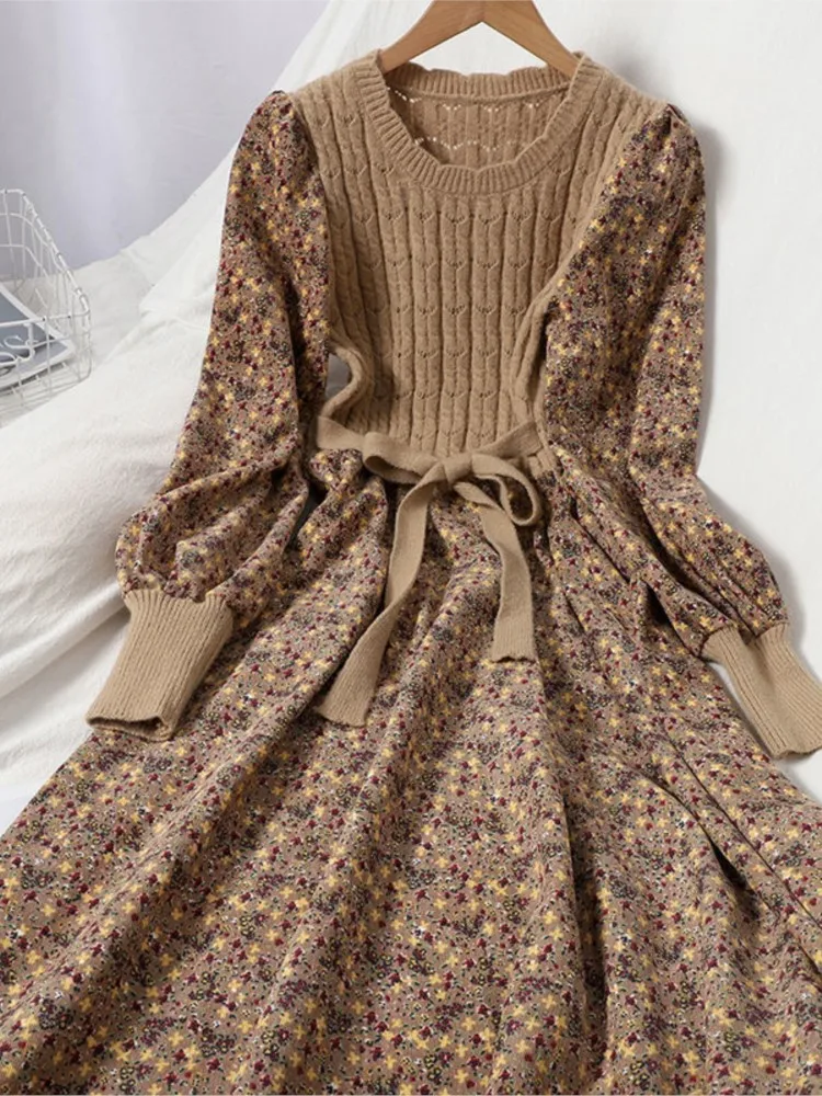 

Slim Dress Knitted Vestido Patchwork Dresses 2025 Woman Contrast Floral Print Long Sleeves Leace-up Temperament Commuting Office