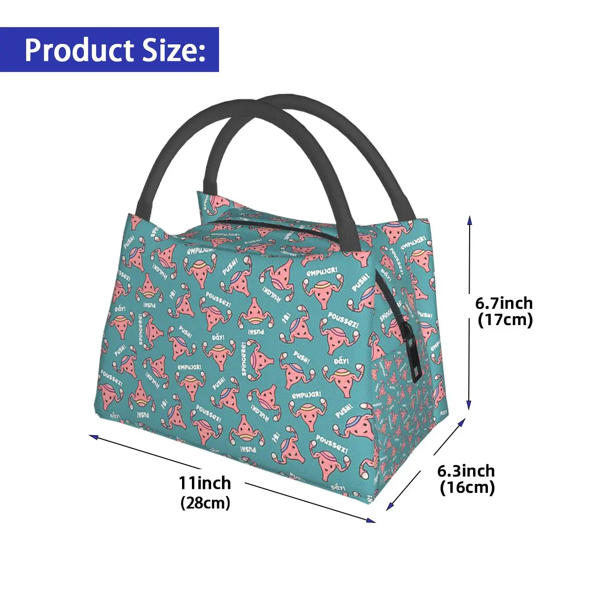 Pregnant Uterus PUSH Scrubs, Nurses, Midwife, OBGYN Teal Lunch Bags Insulated Bento Box Lunch Tote  Picnic Bags Thermal Bag