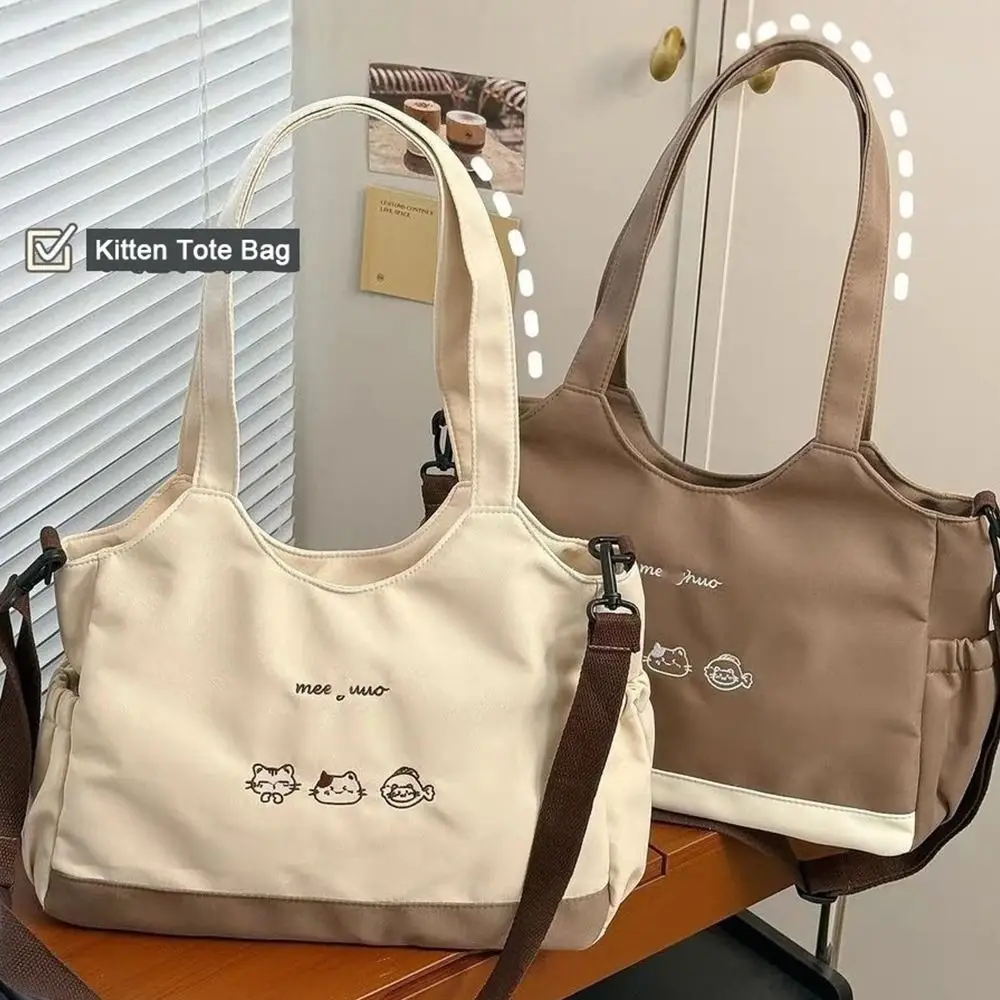 Cute Kitten Large Capacity Tote Bag Canvas Material Soft Cotton Strap Shoulder Bag Zipper Closure Simple Style Book Bag School