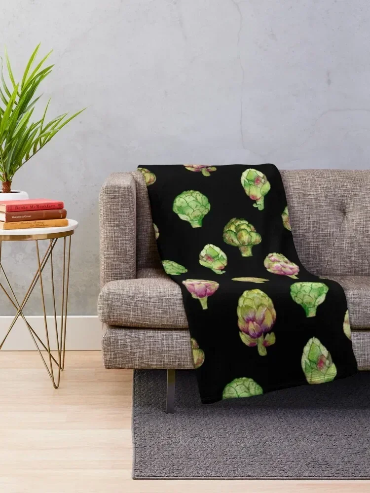 Artichoke on black watercolor pattern Throw Blanket