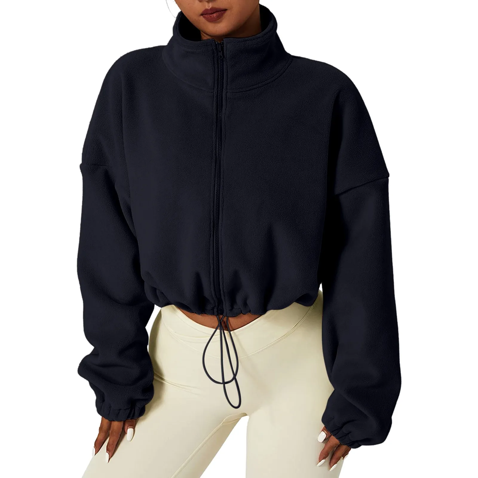 Women\'s Fleece Sweatshirt Oversized Zip Up Crop Jacket Winter Long Sleeve Stand Collar Workout Coat Anorak Jacket Harajuku Kpop