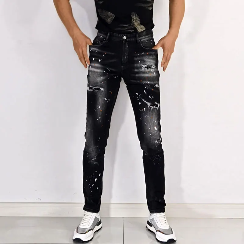Men Black Vintage Splash Ink Distressed Pencil Jeans Mid Rise Elastic Slim Denim Streetwear Long Trouserhombre