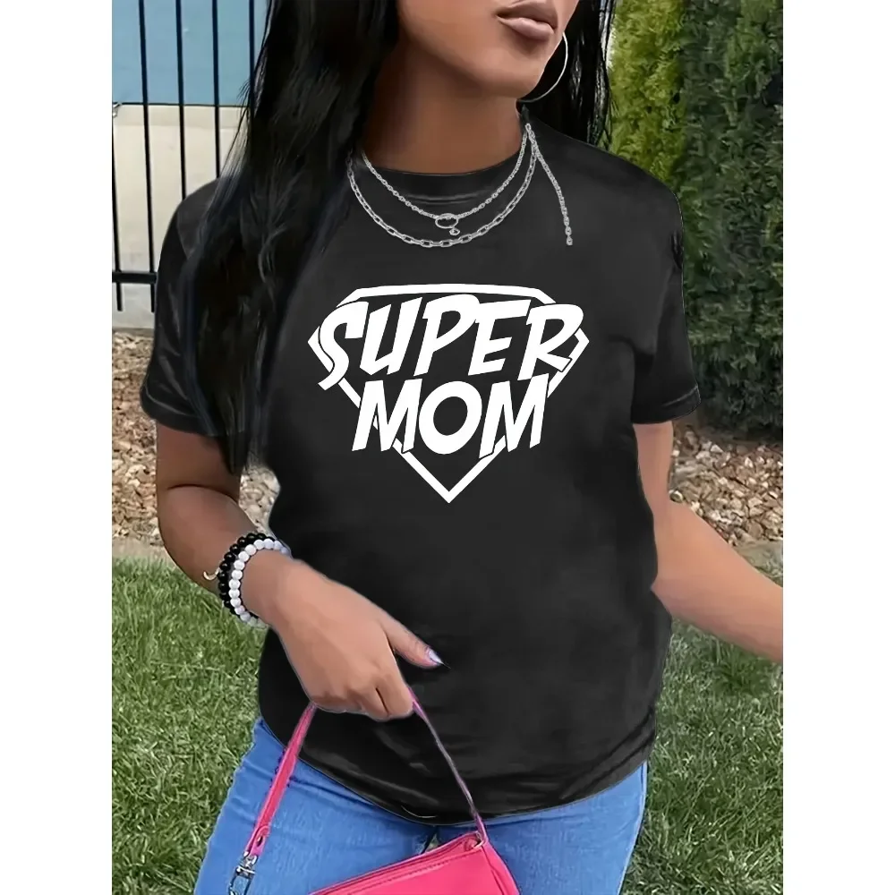 SUPER MOM Letter Print Women T-shirt Short Sleeve Crew Neck Casual Top for Summer & Spring Women's Clothing Female Tops Tees