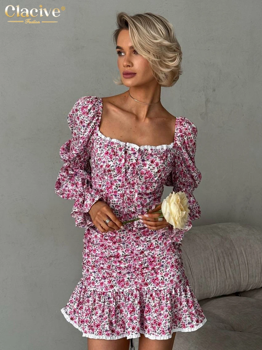 

Clacive Fashion Slim Print Women's Dress 2025 Bodycon Square Collar Long Sleeve Mini Dresses Elegant Classic Ruched Female Dress