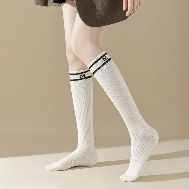 Girls Long Socks Stocking Letter Embroidery Cotton Women Stockings Japanese Style School Black White Gray Knee Socks Solid Color