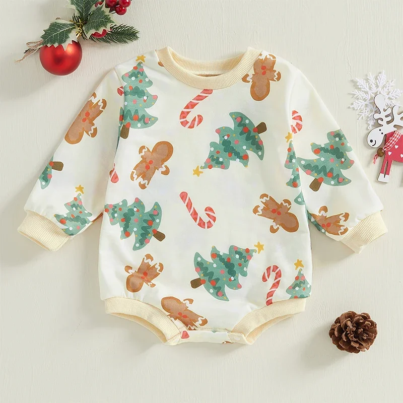 

0-18 Months Baby Girls Christmas Romper Long Sleeve Crew Neck Candy Cane/Tree Print Bodysuit Clothes for Casual Daily
