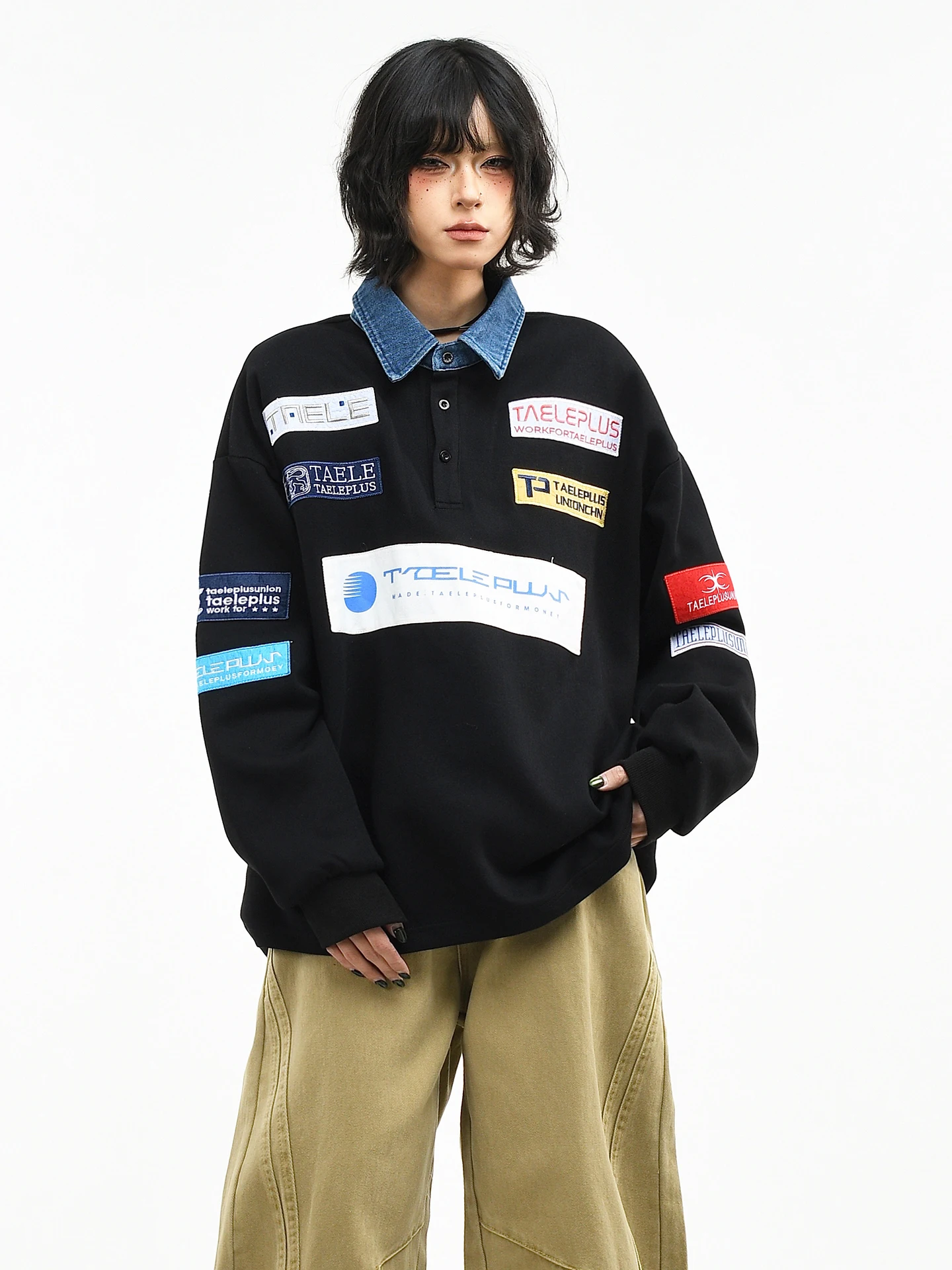 

Оригинальная американская футболка OV для женщин, весенняя, свободного кроя, с вышивкой и пэчворком, с длинным рукавом, мужская повседневная, из хлопка и полиэстера.