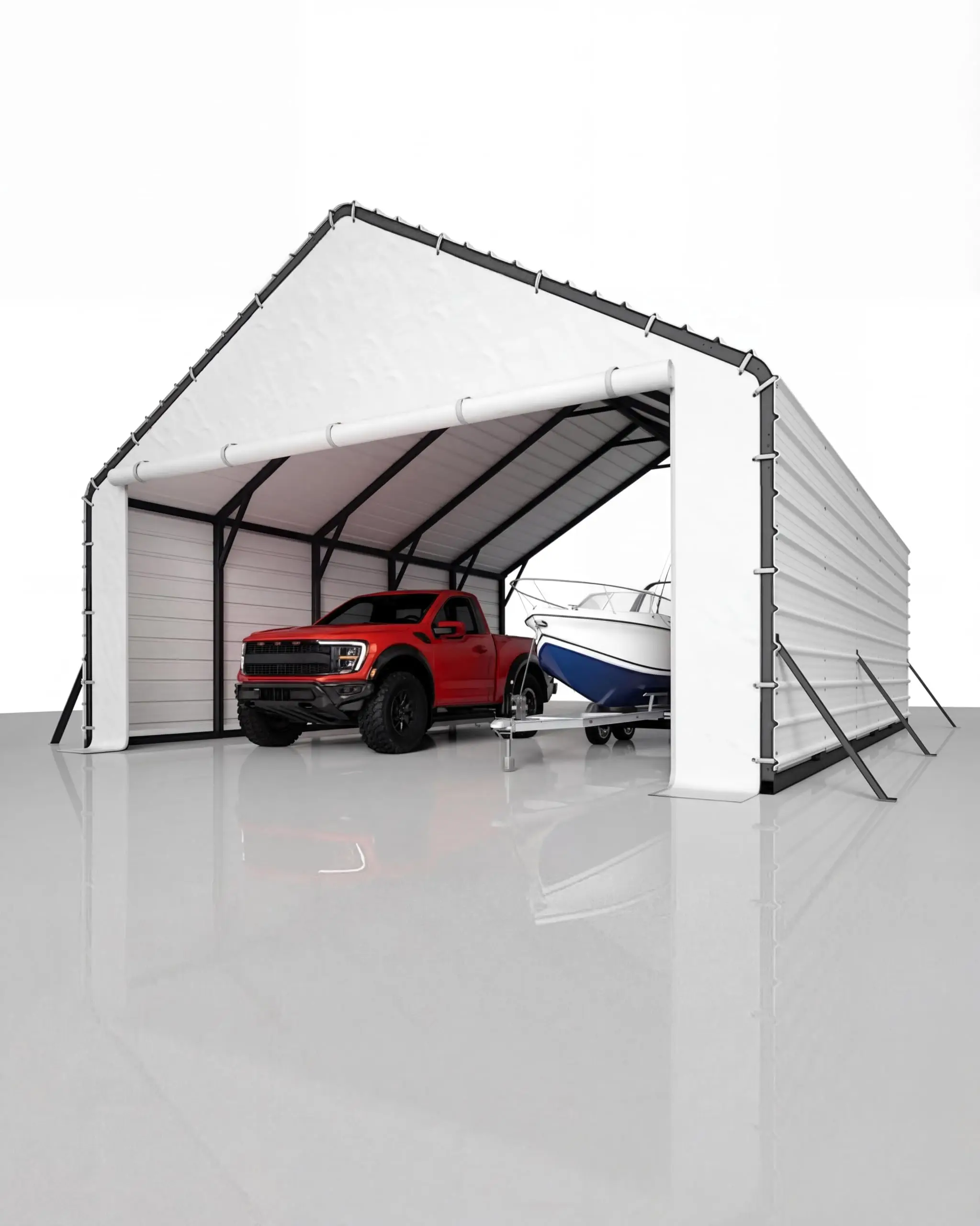 Heavy Duty Zippered Carport Door Panels – Waterproof White PE Tarp Enclosure, UV Resistant, Weatherproof with Ball Bungees – Outdoor Garage & Equipment Shelter Accessory – 20FT Width（Carport not included）